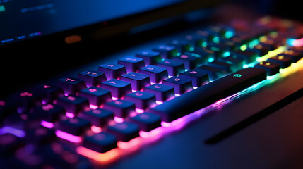 Working on a neon computer keyboard with colored backlighting. Computer video games, hacking, technology, internet concept. Selected focus. - obrazy, fototapety, plakaty