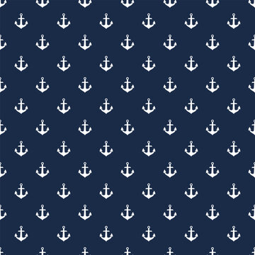mini simple oceanic silhouette, white anchor on navy blue seamless pattern for background, wallpaper, texture, textile, banner, label, summer theme, flat vector design.