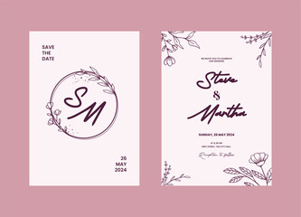 A set of Minimalist wedding invitation templates with hand drawn flowers and leaves decoration