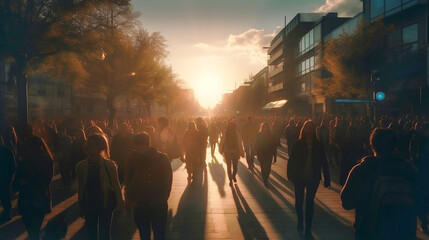 Lots of people walking in the City. City street in morning, sunrise and people heading at work AI generative illustration