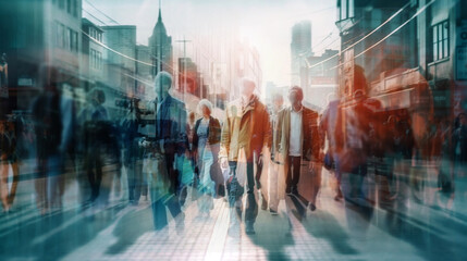 Multiple exposure image of people walking in the City. City street in morning, sunrise and people heading at work AI generative illustration