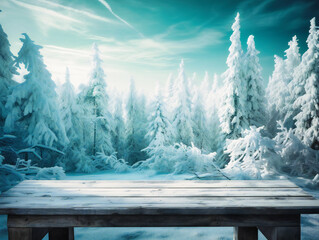 snowy fir trees and wooden table