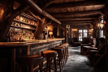 Fototapeta na wymiar Rustic bar with weathered wood and warm lighting, evoking a cozy and inviting atmosphere - Generative AI