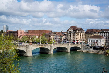 Fototapeta na wymiar Mittlere Brücke or the Middle Bridge over the Rhine river, Basel, Switzerland