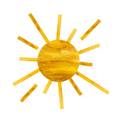 Yellow sun with rays of different lengths. A collage of watercolor  on a white background.
