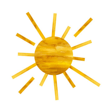 Yellow sun with rays of different lengths. A collage of watercolor  on a white background.
