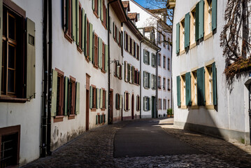 Fototapeta na wymiar Pedestrianised zone of the Old Town with atmospheric streets and architecture, Basel, Switzerland