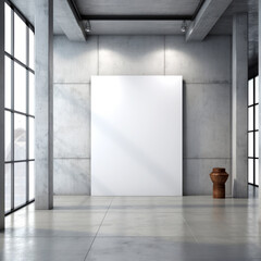 Front view blank white billboard standing on concrete floor in a modern loft gallery interior, mockup. Generative AI