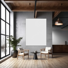Front view blank white poster on concrete grey wall in modern office hall interior, mockup. Generative AI