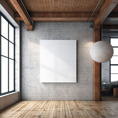 Front view blank white frame on grey concrete wall in loft gallery interior, mockup. Generative AI - 602086421