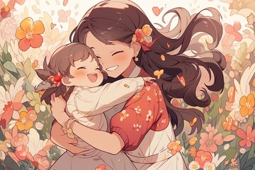 Illustration of a loving mother embracing her young child, with a delicate flower in the backdrop, symbolizing the nurturing bond between a mother and her child, and the celebration of Mother's Day
