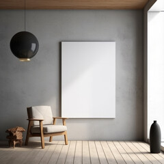 Front view blank white frame on concrete grey wall in modern home interior, mockup. Generative AI