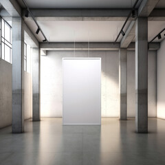 Front view blank white billboard standing on grey floor in spacious modern loft gallery interior, mockup. Generative AI