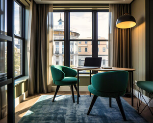 a room with laptop, chairs and a view of a hotel
