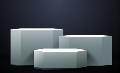 3d realistic podium on black background. Product diplay. Abstract vector rendering for advirtising product display, minimal scene room.