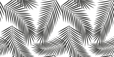 Background, seamless monochrome vector pattern - palm leaves isolated on a transparent background.