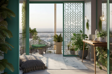 Modern minimalistic interior of the balcony, green, white and golden colors. Super photo realistic background, generative ai illustration.