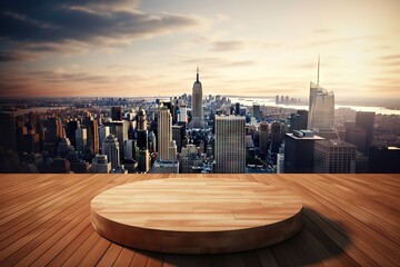 Obraz premium Cityscape View on Wooden Table with Blur Background of Buildings and Plank Boards. Generative AI illustrations.