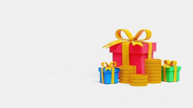 3D gift box surprise 4k animation, Gift give away, Mobile Marketing, earning prizes, bonus, loyalty program and get rewards. 3D animation