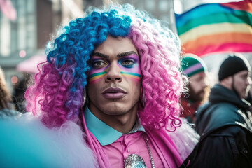Afro-american man with vibrant, colored hair marches boldly in the LGBT protest, a symbol of strength and individuality within the community. Generative AI.