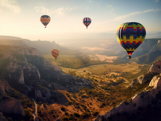Colorful hot air balloons. Travel tourism freedom trip and adventure concept. Generative Ai technology.