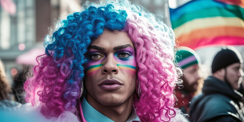 With her rainbow vibrant afro-american curls adorned with a spectrum of colors, a trans man takes part in the spirited celebration of love and diversity at the LGBT demonstration. Generative AI.