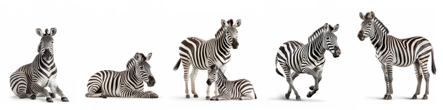 Wildlife zoo safari africa zebras animals banner panorama long - Collection of standing, sitting, lying group of zebra (hippotigris) family with young baby, isolated on white background, Generative Ai