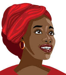 Piękna kobieta o brązowej skórze w czerwonym turbanie. Portret ładnej, ciemnoskórej dziewczyny. Uśmiechnięta ciemnoskóra dziewczyna z błyszczącymi oczami i lśniącymi ustami. Afroamerykanka, Afrykanka  - obrazy, fototapety, plakaty