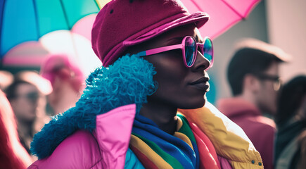 Afro-american woman with vibrant hair marches proudly in the LGBT protest, a symbol of resilience and empowerment within the community. Generative AI.