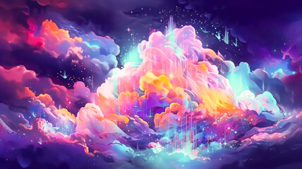 Cloud networks concepts with colorful digital art surrealism.futuristic of metaverse.paradise visualizing imaginations.generative ai technology
