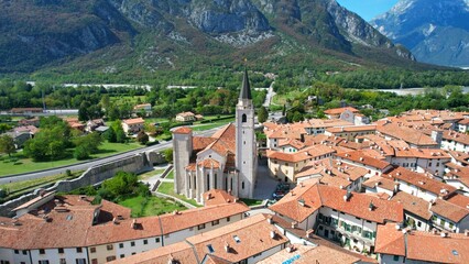 Venzone - Italy - An aerial view with the drone over the beautiful town of Venzone 