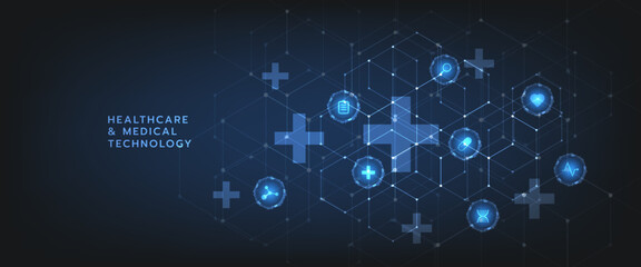 Fototapeta premium Healthcare and medical icon pattern innovation digital technology technology background. Medical, science and technology concepts. Abstract futuristic design. Vector illustration.