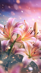 Blooming lily flowers with drops of water close-up background. Floral wallpaper. Ai generated