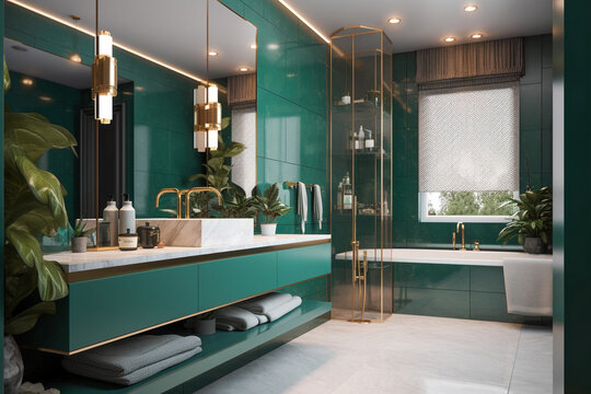 Modern minimalistic interior of the bathroom, green, white and golden colors. Super photo realistic background, generative ai illustration.