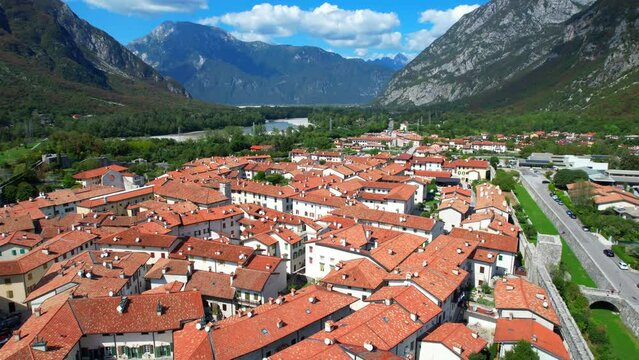 Venzone - Italy - An aerial view with the drone over the beautiful town of Venzone 