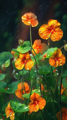 Blooming nasturtium flowers with drops of water close-up background. Floral wallpaper. Ai generated