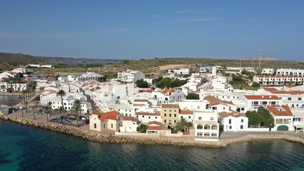 Fototapeta na wymiar survol du village de Fornells au nord de l'île de Minorque dans l'archipel des Baléares Espagne 