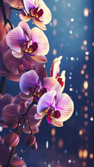 Blooming orchid flowers with drops of water close-up background. Summer wallpaper. Ai generated