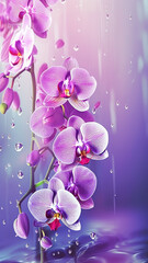 Fototapeta na wymiar Blooming orchid flowers with drops of water close-up background. Floral wallpaper. Ai generated