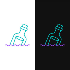 Line Glass bottle with a message in water icon isolated on white and black background. Letter in the bottle. Pirates symbol. Colorful outline concept. Vector