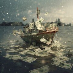 A wooden boat filled with currency notes is shown floating in the middle of an ocean, symbolizing the sinking of the economy and recession. Overcast sky representing uncertainty. Generative AI.