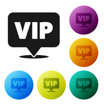 Black Location Vip icon isolated on white background. Set icons in color circle buttons. Vector