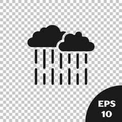 Black Cloud with rain icon isolated on transparent background. Rain cloud precipitation with rain drops. Vector