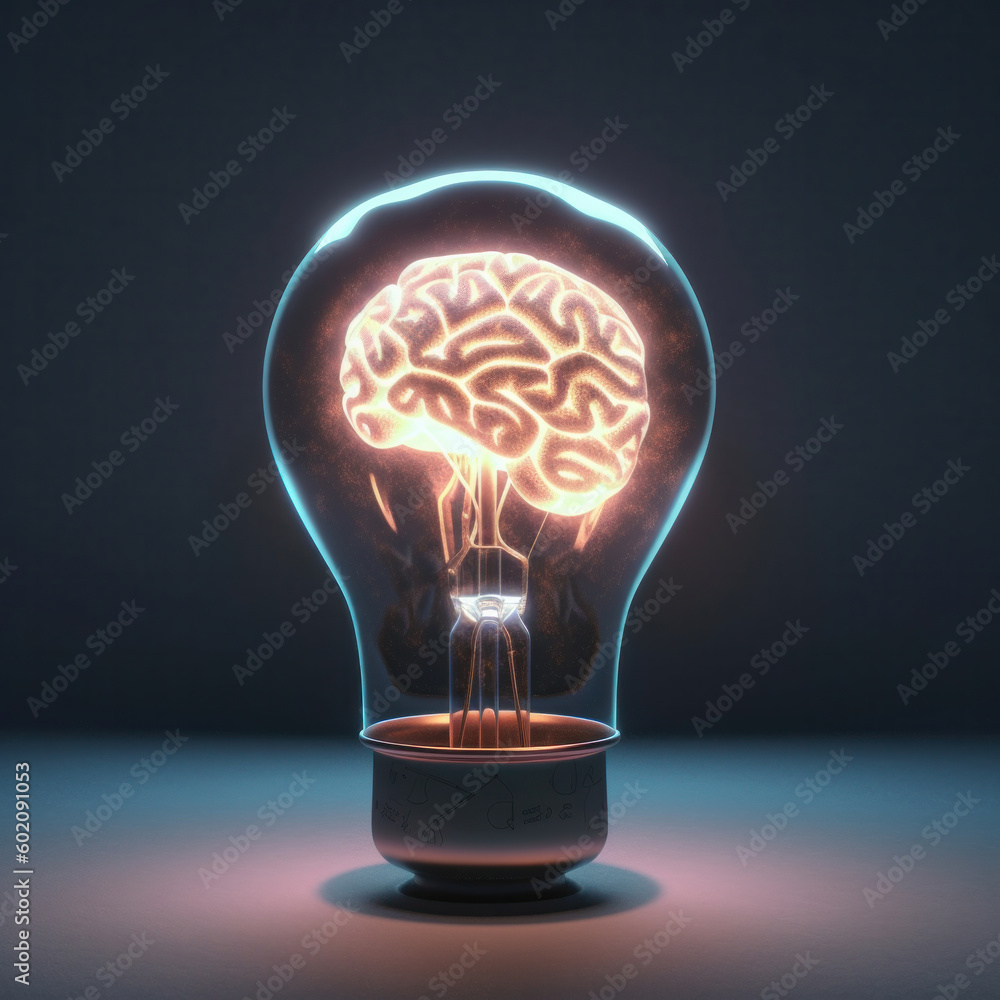 Poster light bulb with a glowing brain inside represents the potential for innovative thinking and the powe