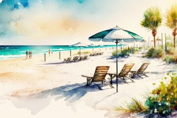 The beach banner features a stunning watercolor painting of chairs, umbrella, and white sand. (Generative AI)