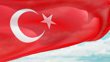 Turkish flag waving in the wind against the sky. National symbol of Turkey.