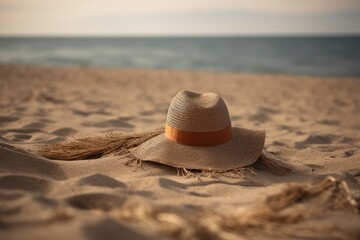 Fototapeta na wymiar hat on the beach. vacation concept. generative ai, ai