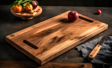 a wooden chopping board is sitting on a table in
