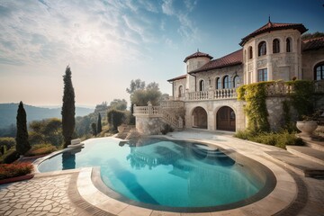 Sunny Summer Day in a Mediterranean Luxury Home: A Traditional Tuscany-Style Mansion with a Wild Flower-Filled Garden and an Oval Pool, Generative AI