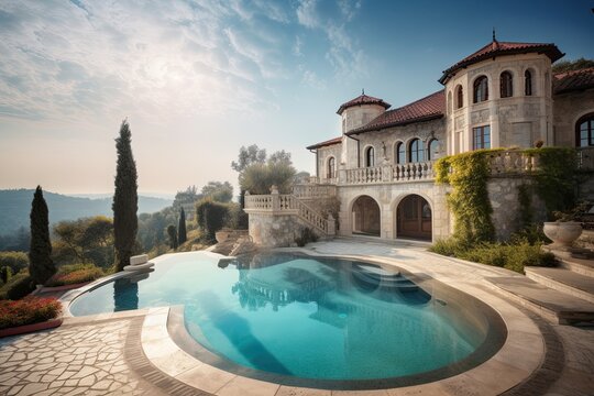 Sunny Summer Day In A Mediterranean Luxury Home: A Traditional Tuscany-Style Mansion With A Wild Flower-Filled Garden And An Oval Pool, Generative AI